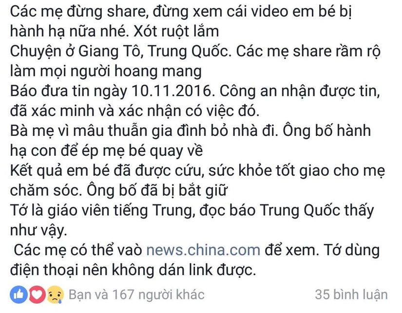 Một Facebooker tiết lộ clip cha bạo hành con để ép mẹ trở về xảy ra ở Trung Quốc