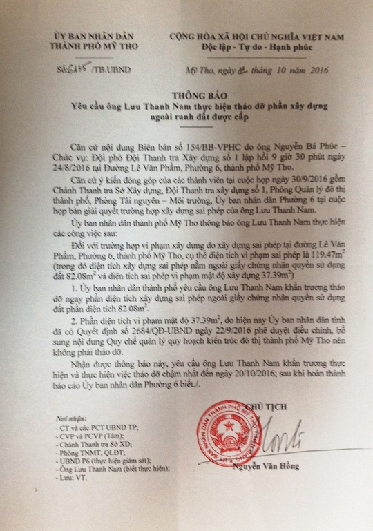Văn bản chủ tịch UBND TP Mỹ Tho yêu cầu tháo dỡ phần đất công mà ông Nam lấn chiếm nhưng ông vẫn bất chấp pháp luật
