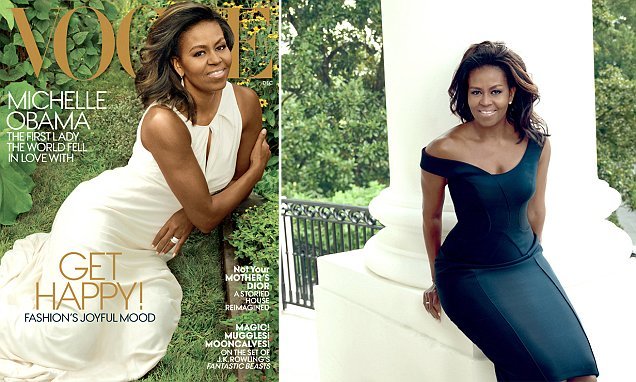 Bà Michelle Obama trong trang phục của nhà mốt Versace ở một trang bên trong tạp chí. Ảnh: Vogue