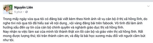 Facebook Nguyễn Liên xin lỗi vì bịa chuyện giáo viên đi tiếp khách