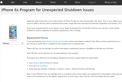 Thông báo của Apple về chương trình đổi pin miễn phí cho Iphone 6s