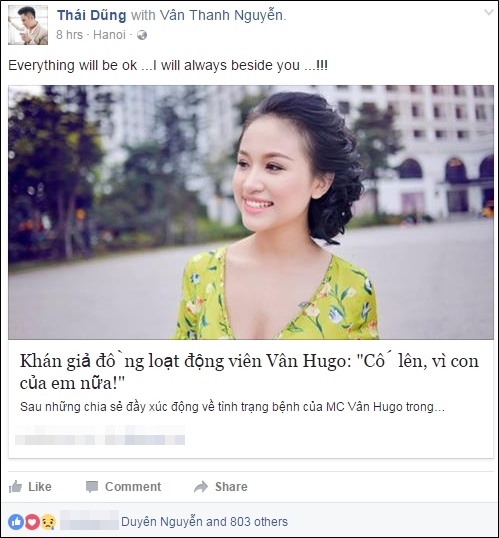 Thái Dũng nhắc đến MC Vân Hugo trên Facebook cá nhân