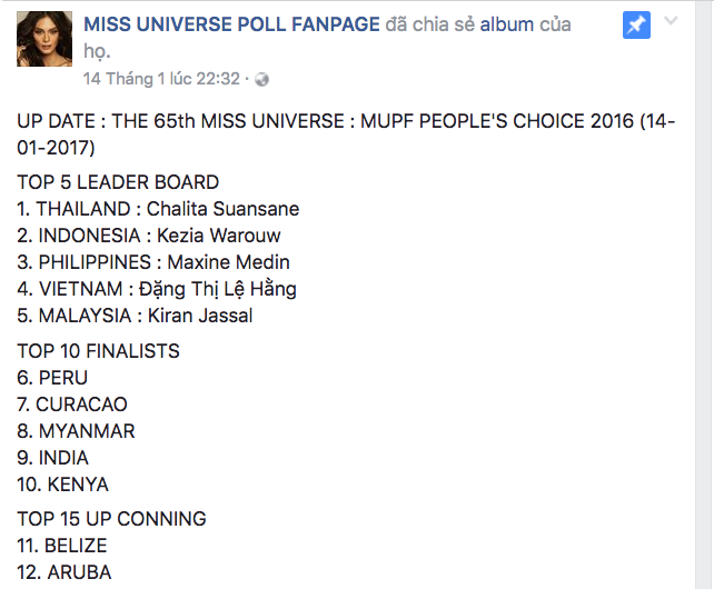 Lệ Hằng lọt top 5 thí sinh được yêu thích nhất Miss Universe 1
