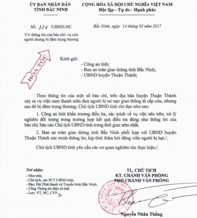 Công văn hỏa tốc của UBND tỉnh Bắc Ninh