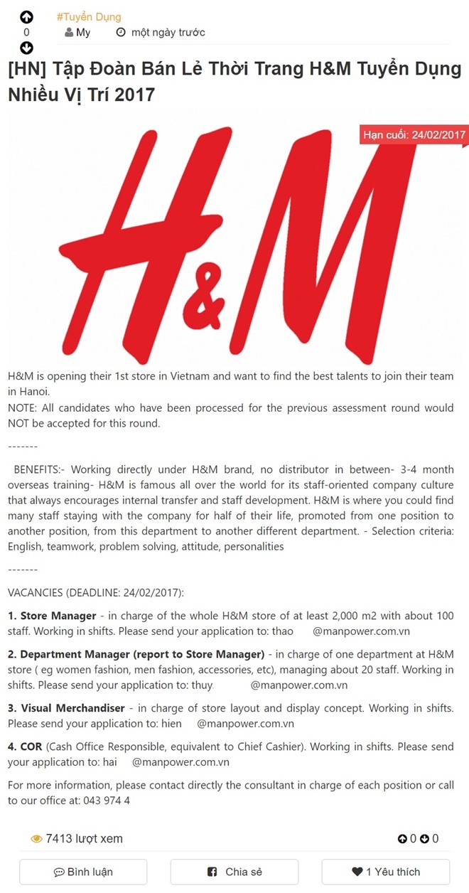 H&M Việt Nam tuyển dụng 3