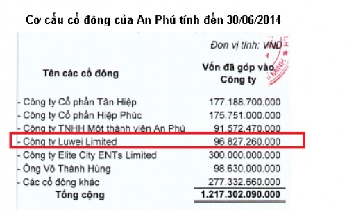 Luwei Limited từng đầu tư gần 100 tỷ đồng vào CTCP An Phú. Nguồn: BCTC soát xét bán niên CTCP An Phú năm 2014