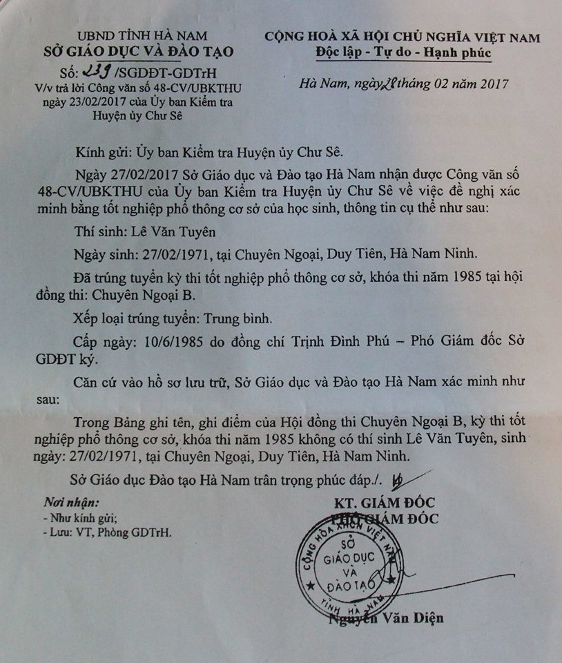 Văn bản phúc đáp của Sở GD-ĐT Hà Nam khẳng định không có thí sinh tên là Lê Văn Tuyên