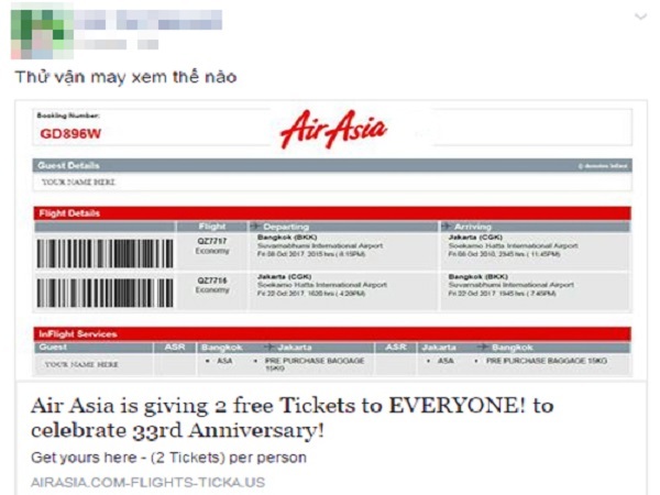 trang web lừa tặng vé máy bay miễn phí