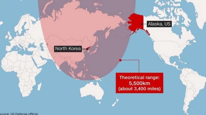 Tầm bắn 5.500km của tên lửa Triều Tiên. Ảnh: US Defense