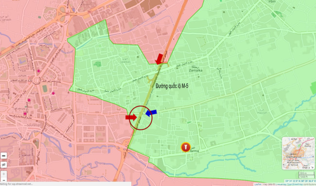 Khu vực giao tranh giữa phiến quân và quân đội Syria ở quận Jobar và thị trấn Ayn Tarma. Ảnh: Soha