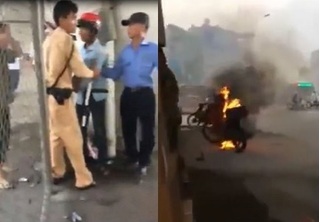 Clip thanh niên đốt xe máy khi bị cảnh sát giao thông thổi phạt ở Hà Nội