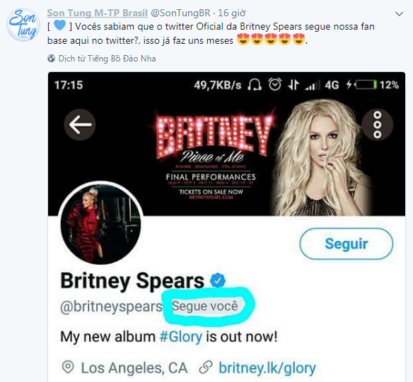 Britney Spears theo dõi twitter Sơn Tùng M-TP