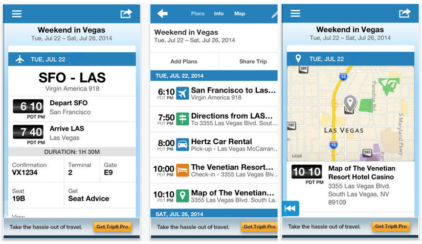 Ứng dụng du lịch hữu ích phải kể đến TripIt. Ảnh chụp màn hình