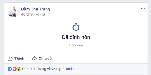 Đàm Thu Trang cũng thay đổi chế độ thành đã đính hôn sau ít phút