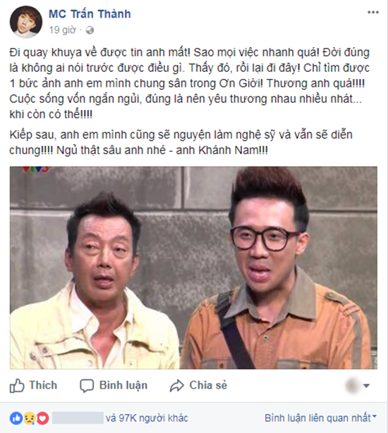 MC Trấn Thành chia sẻ về nghệ sĩ Khánh Nam qua đời