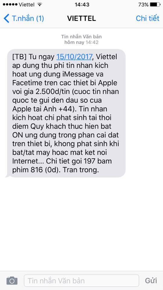 Tin nhắn thu phí kích hoạt iMessage của Viettel. Ảnh: Facebook