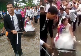 Đám cưới ở Nam Định: Chú rể cười tươi rói, lội nước kéo thuyền hoa chở cô dâu