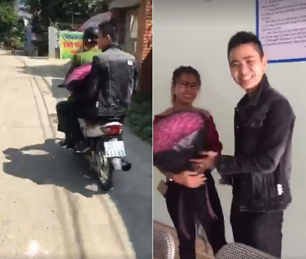 Thanh niên được công an đưa đi tặng hoa cho vợ