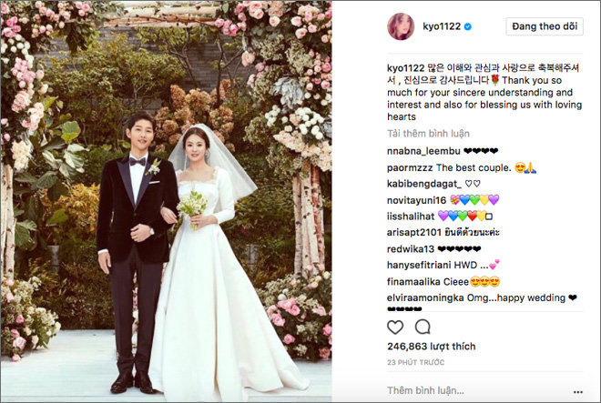 Sau đám cưới, Song Hye Kyo gửi lời cảm ơn người hâm mộ
