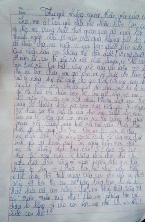 Đau lòng bức thư tuyệt mệnh của nữ sinh lớp 8 nhảy sông tự tử