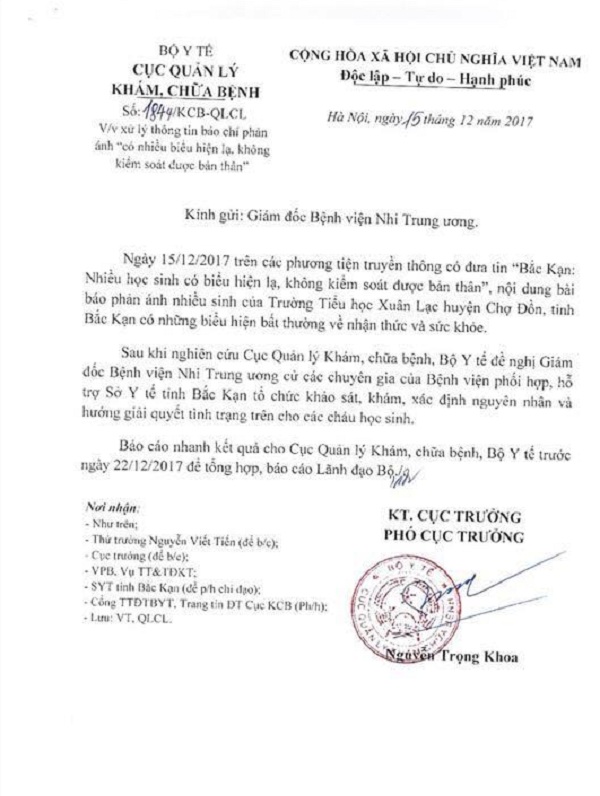 Bộ Y tế chỉ đạo Bệnh viện Nhi Trung ương lên thăm khám, xác định nguyên nhân cho các cháu học sinh có biểu hiện lạ