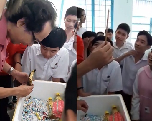 Lớp học sinh đem thùng xốp dầu gội, mì gói tặng sinh nhật thầy