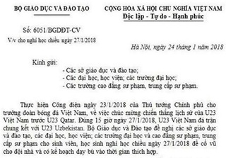 Thực hư “Công văn” Bộ GD&ĐT cho HSSV nghỉ học cổ vũ cho Đội tuyển U23 Việt Nam