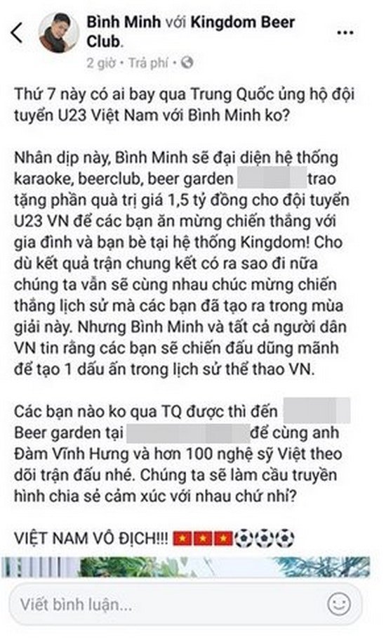 Sao Việt nào đã thực hiện lời hứa thưởng tiền cho U23 Việt Nam?