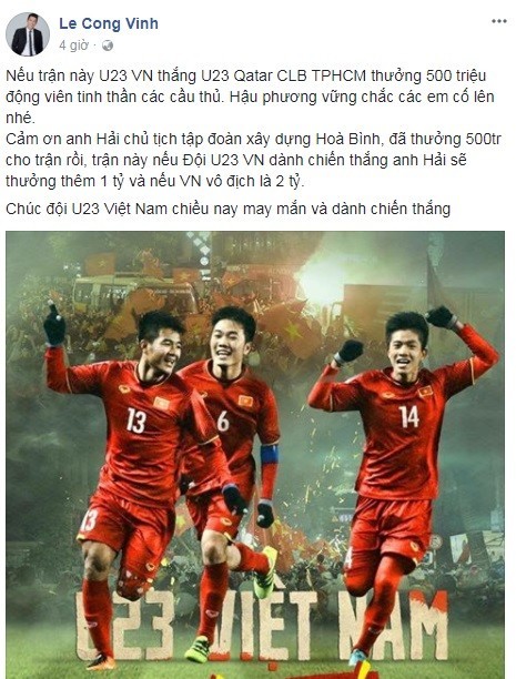 Sao Việt nào đã thực hiện lời hứa thưởng tiền cho U23 Việt Nam?