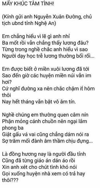 Thầy giáo Nghệ An làm thơ nhắn gửi chủ tịch tỉnh vì chậm lương