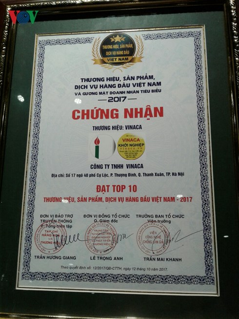 Vinaca từng nhận giải thưởng top 10 thương hiệu hàng đầu Việt Nam