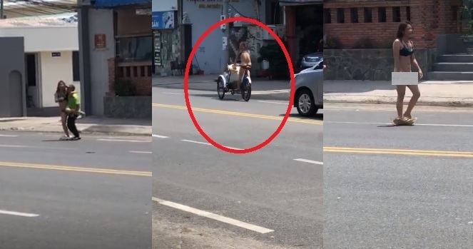 Clip cô gái khỏa thân thản nhiên đi lại, đạp xích lô trên đường