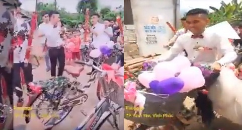 Đám cưới ở Vĩnh Phúc cũng nổi MXH với màn rước dâu bằng xe đạp