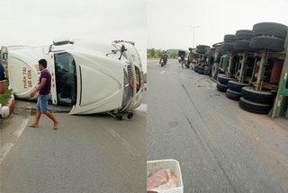 Bắc Ninh: Xe container phơi bụng giữa đường do tài xế vào cua lỗi