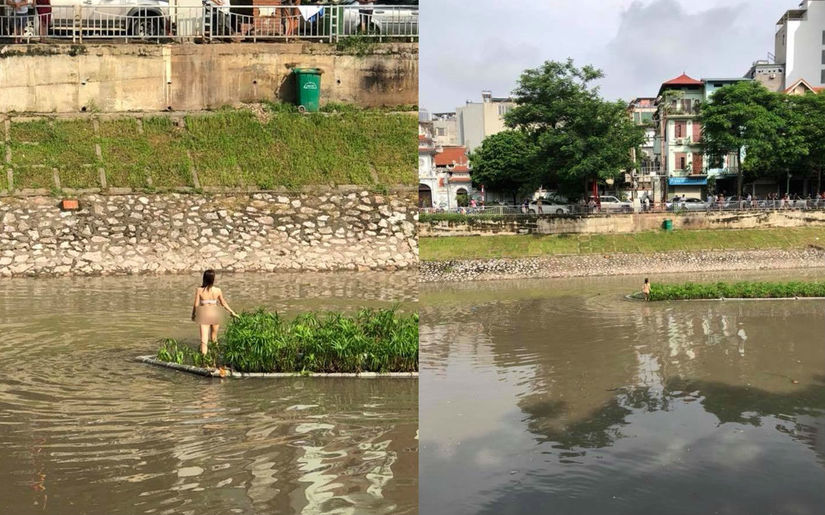Xôn xao hình ảnh cô gái khỏa thân thản nhiên đứng giữa sông Tô Lịch