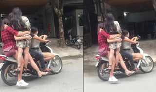 Xôn xao cảnh 5 kiều nữ đầu trần đu bám trên chiếc xe máy lao vun vút ở Hà Nội