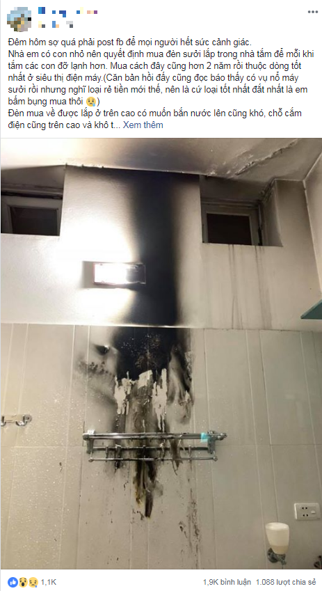 Đèn sưởi nhà tắm nổ như pháo hoa, cảnh báo an toàn trong mùa đông