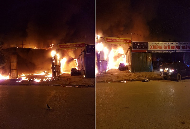 Cháy xưởng ô tô lúc nửa đêm ở Hà Nội