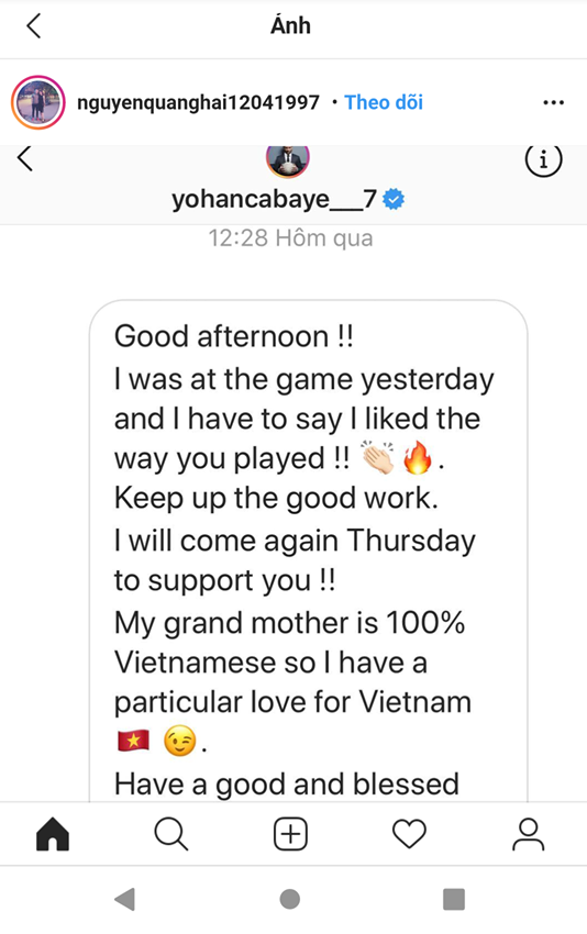Thi đấu xuất sắc, Quang Hải được cựu tuyển thủ Pháp Cabaye nhắn tin hẹn gặp