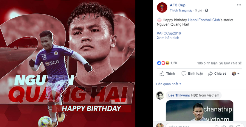 Tiền vệ Quang Hải được AFC chúc mừng sinh nhật 