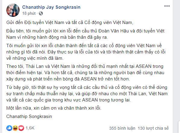 'Messi Thái' gửi lời xin lỗi Đội tuyển Việt Nam và Đoàn Văn Hậu