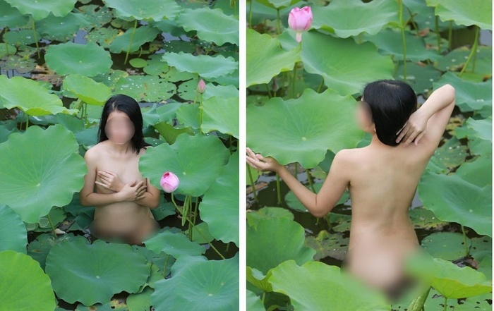 Dân mạng choáng váng vì người phụ nữ khoe ngực chảy xệ khi chụp ảnh bên hồ sen