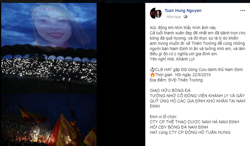 Hành động đẹp của Tuấn Hưng để tri ân nữ CĐV Nam Định gặp nạn khi đến sân