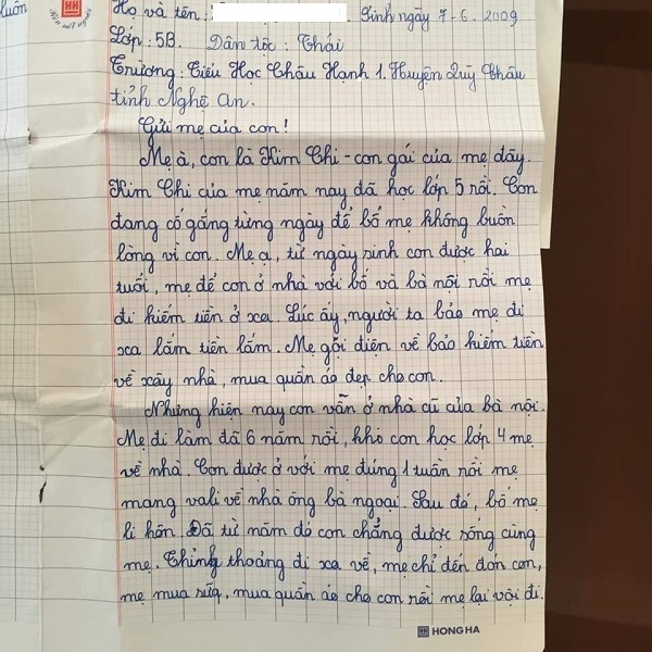 Nội dung bức thư vô cùng xúc động bé gái lớp 5 gửi mẹ
