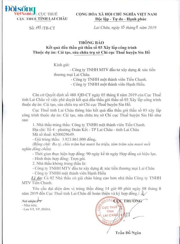 Đấu thầu Cục thuế Lai Châu: Công ty TNHH một thành viên Tiến Chanh liên tục trúng thầu?2