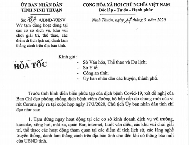 Ninh Thuận: Tạm dừng các dịch vụ tham quan,giải trí Phòng dịch Covid-19