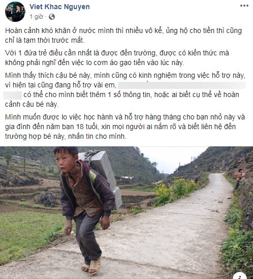 Khắc Việt kêu gọi giúp đỡ cậu bé Hà Giang cõng gạch để mưu sinh