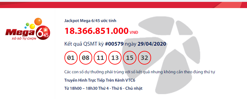 Kết quả xổ số Vietlott Mega 6/45 hôm nay thứ 4 ngày 29/4/2020: