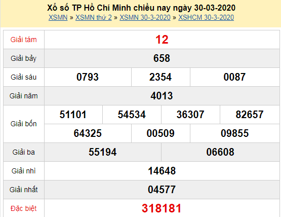 Xem lại kết quả xổ số TP Hồ Chí Minh thứ 2 ngày 30/3/2020: