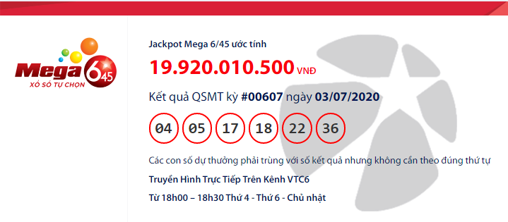 Kết quả xổ số VIETLOTT MEGA 6/45 hôm nay thứ 6 ngày 3/7/2020